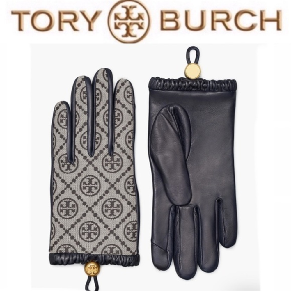 Tory Burch T Monogram Jacquard & Leather Gloves sz 8 in Navy NWT 298$